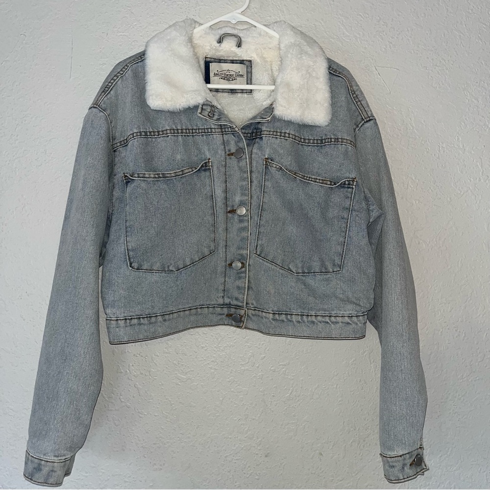 Women's Denim Jacket with White Sherpa Collar